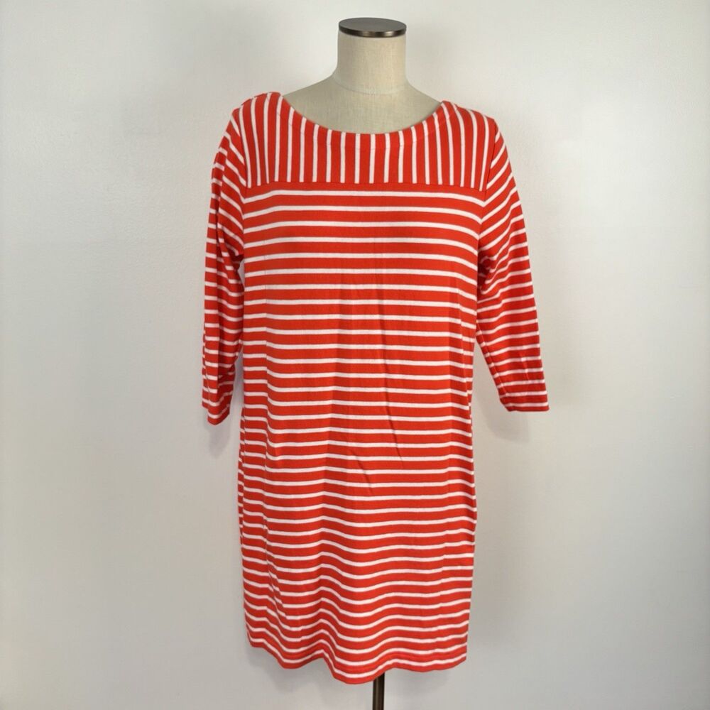 Lands' End Red White Striped Boat Neck T-Shirt Dress Size XL/P 18 100% Cotton
